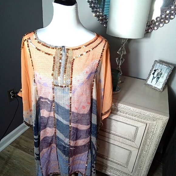 🧡New Chico"s Orange and Blue Women's Poncho🧡 - Picture 2 of 5